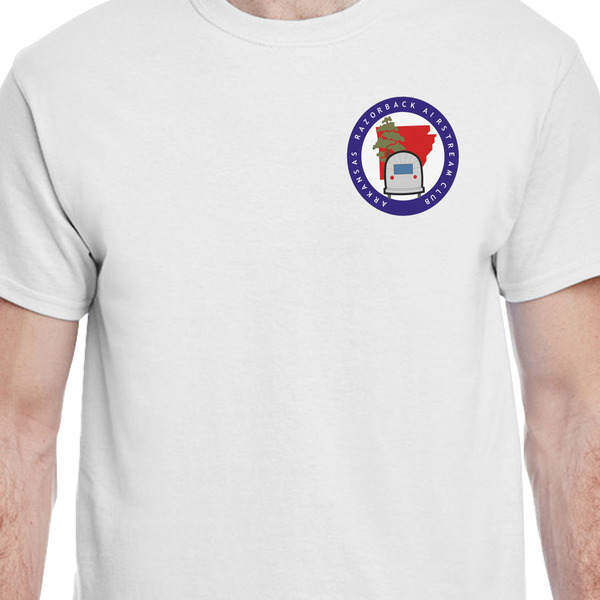 Arkansas Razorback Airstream Club Logo White Crew T-Shirt on Model - CloseUp