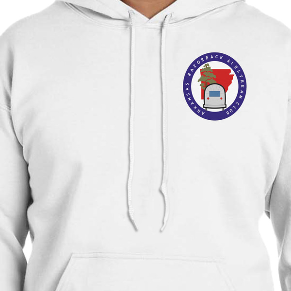 Arkansas Razorback Airstream Club Logo White Hoodie on Model - CloseUp