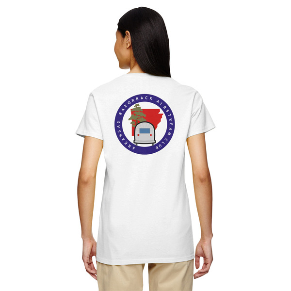 Arkansas Razorback Airstream Club Logo White V-Neck T-Shirt on Model - Back