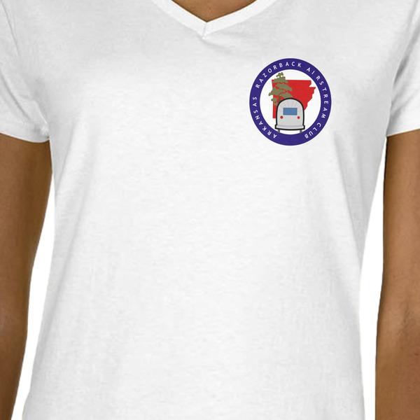 Arkansas Razorback Airstream Club Logo White V-Neck T-Shirt on Model - CloseUp