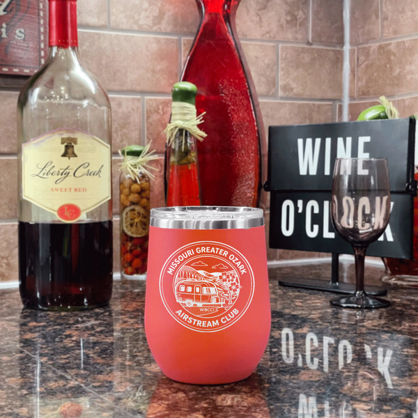 Missouri Greater Ozark Airstream Club Stainless Wine Tumblers - Coral - Double Sided - In Context