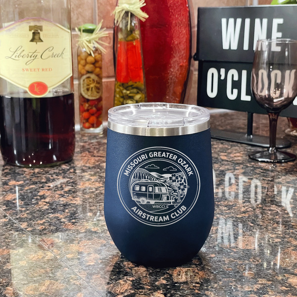 Missouri Greater Ozark Airstream Club Stainless Wine Tumblers - Navy - Double Sided - In Context
