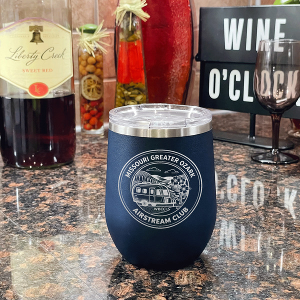 Missouri Greater Ozark Airstream Club Stainless Wine Tumblers - Navy - Single Sided - In Context