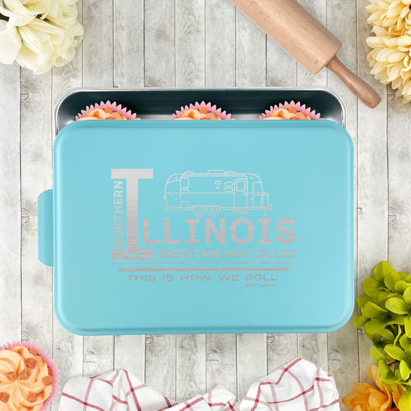 Northern Illinois Airstream Club Logo Aluminum Baking Pan - Teal Lid - LIFESTYLE