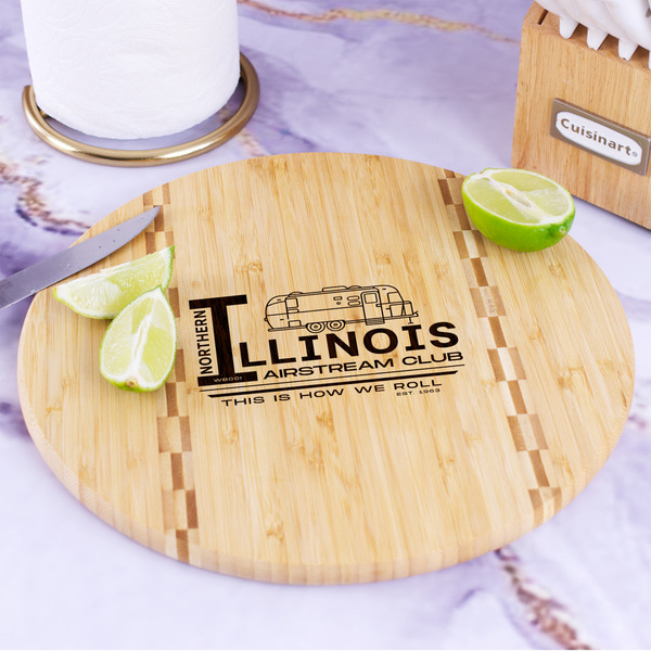 Northern Illinois Airstream Club Logo Bamboo Cutting Board - In Context