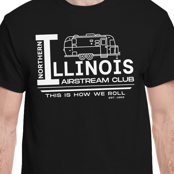 Northern Illinois Airstream Club Logo Black Crew T-Shirt on Model - CloseUp