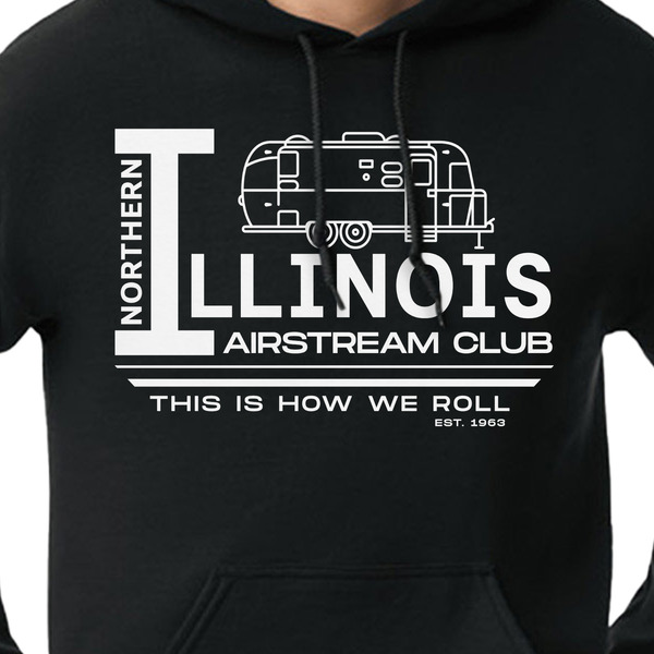 Northern Illinois Airstream Club Logo Black Hoodie on Model - CloseUp