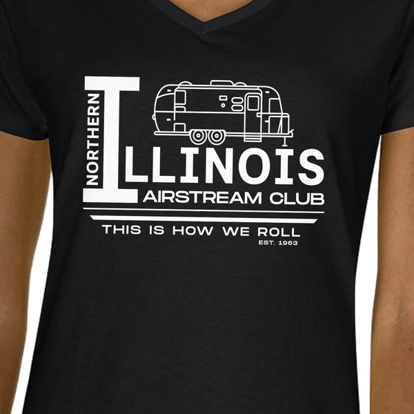 Northern Illinois Airstream Club Logo Black V-Neck T-Shirt on Model - CloseUp