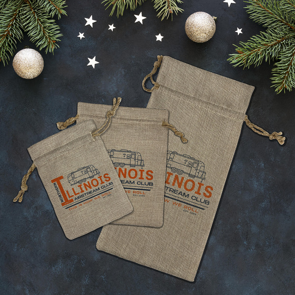 Northern Illinois Airstream Club Logo Burlap Gift Bags - LIFESTYLE (Flat lay)