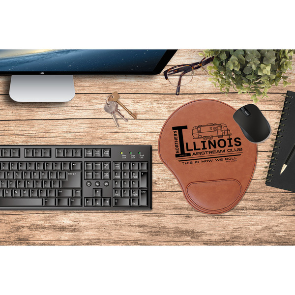 Northern Illinois Airstream Club Logo Cognac Leatherette Mousepad with Wrist Support - Lifestyle Image