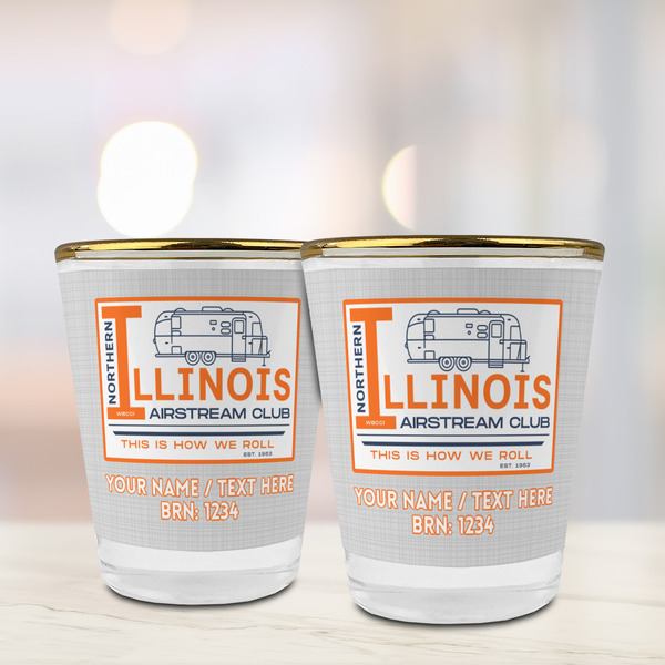 Northern Illinois Airstream Club Logo Glass Shot Glass - Gold Rim - Lifestyle