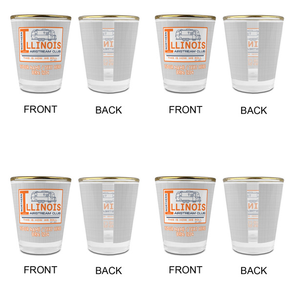 Northern Illinois Airstream Club Logo Glass Shot Glass - Gold Rim - Set of 4 - Front & Back