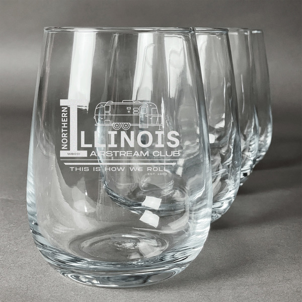 Custom Northern Illinois Airstream Club Logo Stemless Wine Glasses - Laser Engraved- Set of 4