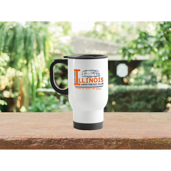 Northern Illinois Airstream Club Logo Stainless Steel Travel Mug with Handle Lifestyle White