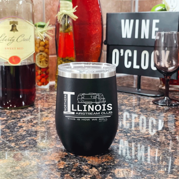 Northern Illinois Airstream Club Logo Stainless Wine Tumblers - Black - Double Sided - In Context