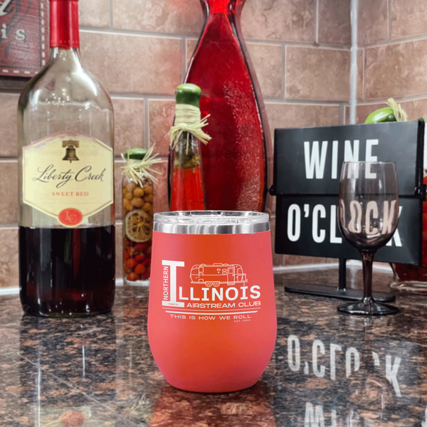 Northern Illinois Airstream Club Logo Stainless Wine Tumblers - Coral - Single Sided - In Context
