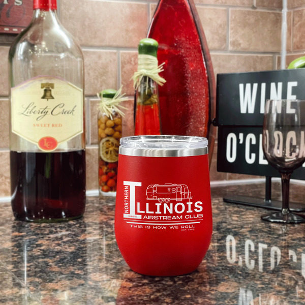 Northern Illinois Airstream Club Logo Stainless Wine Tumblers - Red - Single Sided - In Context
