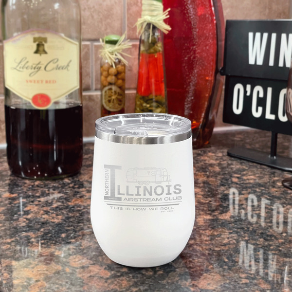 Northern Illinois Airstream Club Logo Stainless Wine Tumblers - White - Double Sided - In Context