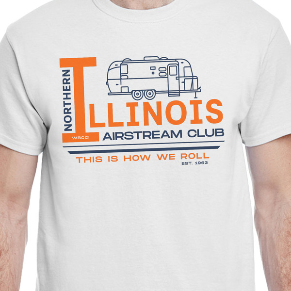 Northern Illinois Airstream Club Logo White Crew T-Shirt on Model - CloseUp