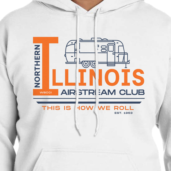 Northern Illinois Airstream Club Logo White Hoodie on Model - CloseUp