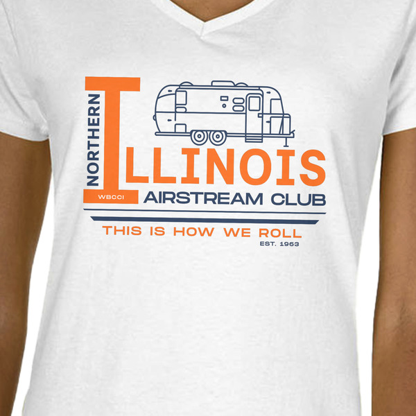 Northern Illinois Airstream Club Logo White V-Neck T-Shirt on Model - CloseUp