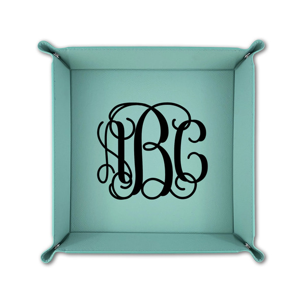 Interlocking Monogram 6" x 6" Teal Leatherette Snap Up Tray - FOLDED UP