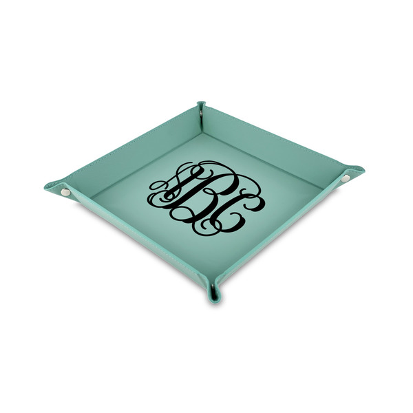 Custom Interlocking Monogram Faux Leather Dice Tray - 6" x 6" - Teal (Personalized)