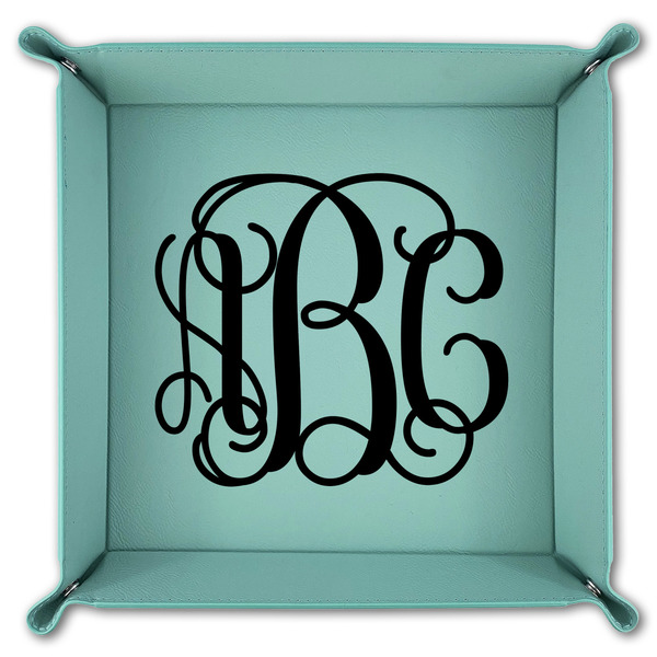 Interlocking Monogram 9" x 9" Teal Leatherette Snap Up Tray - FOLDED