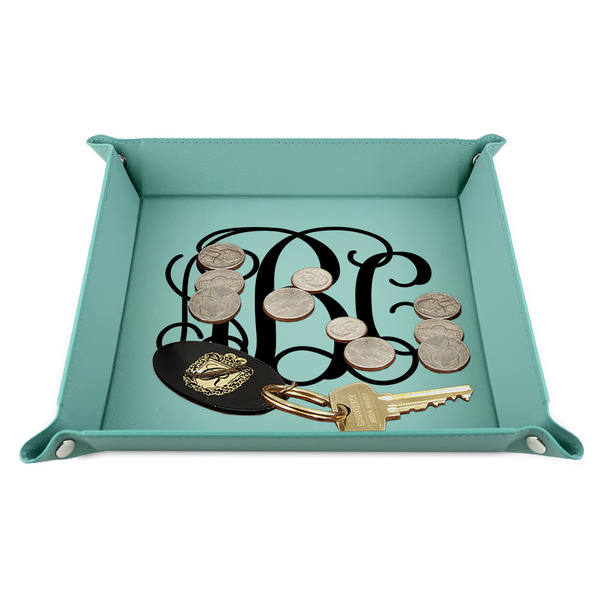 Interlocking Monogram 9" x 9" Teal Leatherette Snap Up Tray - STYLED