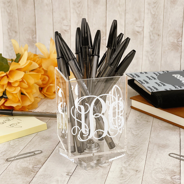 Interlocking Monogram Acrylic Pencil Holder - IN CONTEXT
