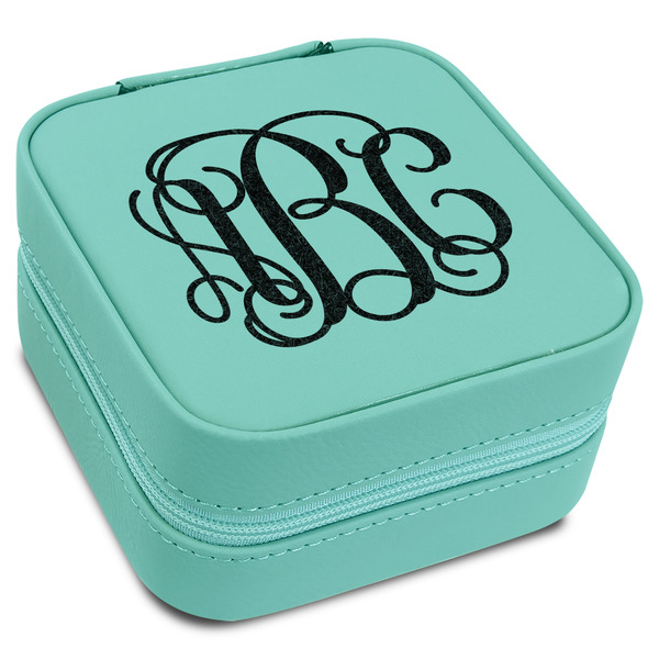 Custom Interlocking Monogram Travel Jewelry Box - Teal Leather (Personalized)