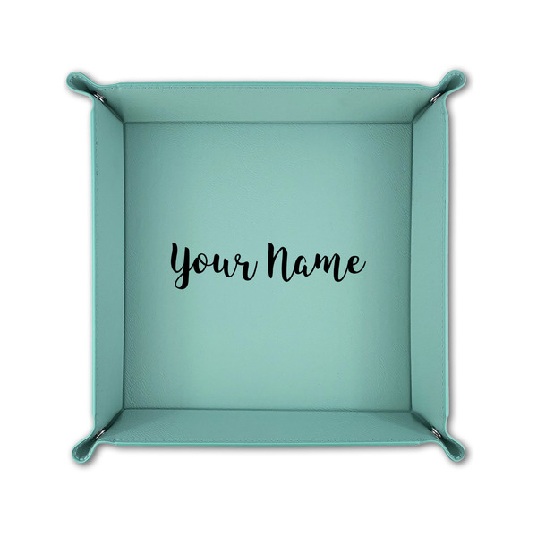 Script Name 6" x 6" Teal Leatherette Snap Up Tray - FOLDED UP