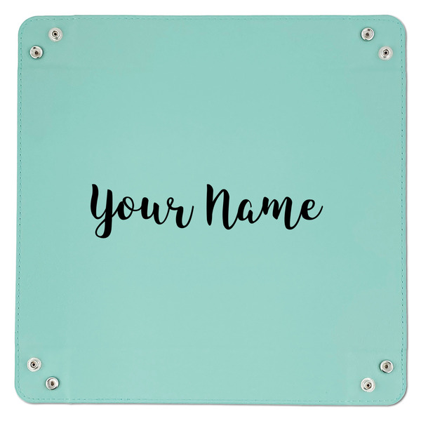 Script Name 9" x 9" Teal Leatherette Snap Up Tray - APPROVAL