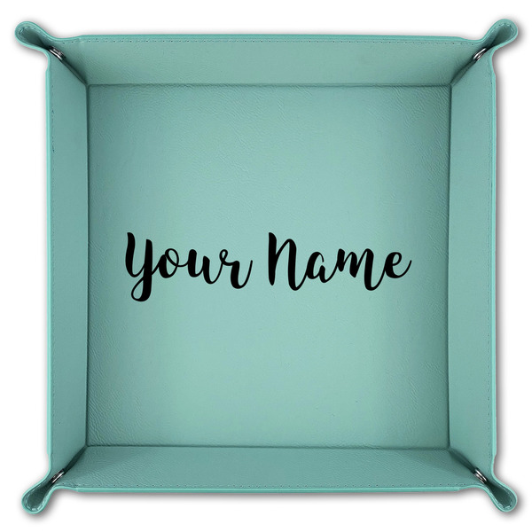 Script Name 9" x 9" Teal Leatherette Snap Up Tray - FOLDED