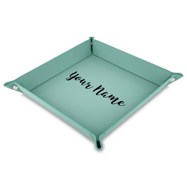 Custom Script Name Faux Leather Valet Tray - 9" x 9"  - Teal (Personalized)