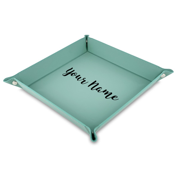 Custom Script Name Faux Leather Dice Tray - 9" x 9"  - Teal (Personalized)