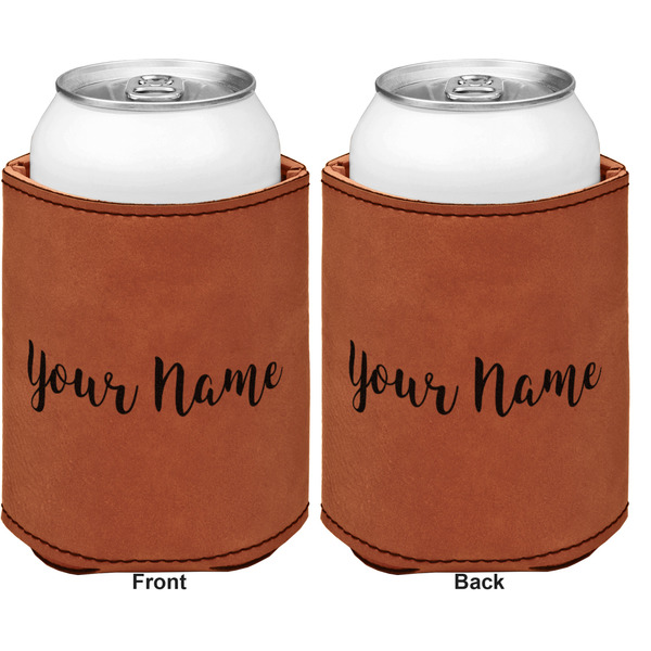 Script Name Cognac Leatherette Can Sleeve - Double Sided Front and Back