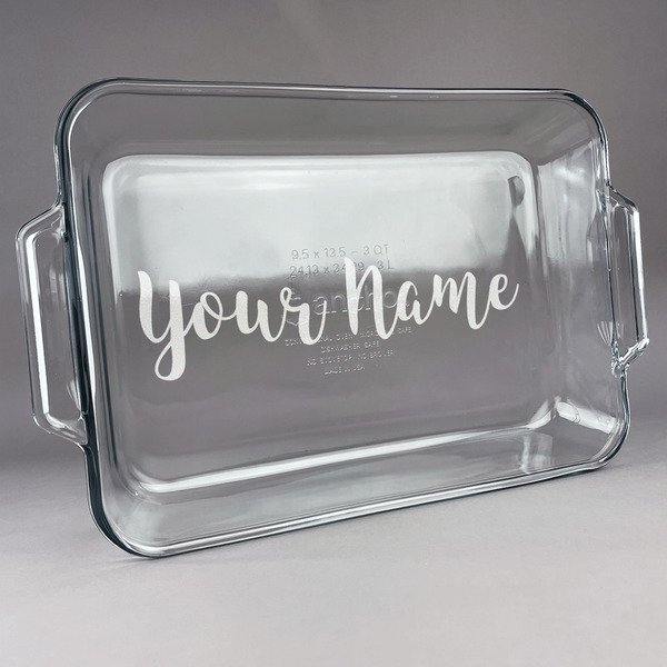 Custom Script Name Glass Baking Dish with Truefit Lid - 13in x 9in (Personalized)