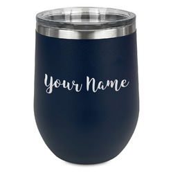 Script Name Stemless Stainless Steel Wine Tumbler - Navy - Double-Sided (Personalized)