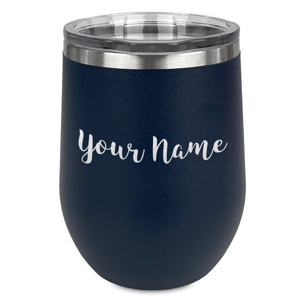 Custom Script Name Stemless Stainless Steel Wine Tumbler - Navy - Single-Sided (Personalized)