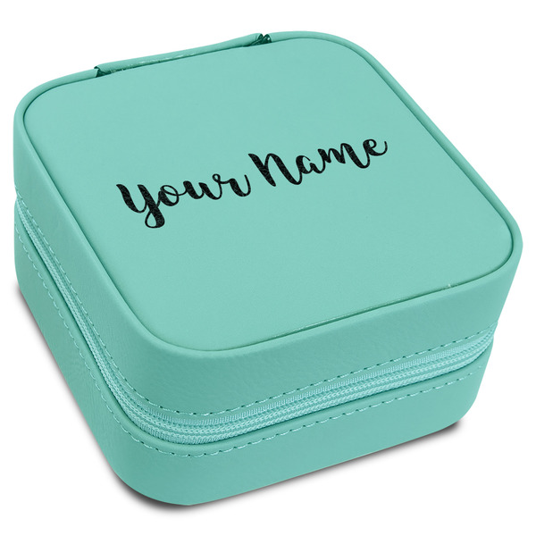 Custom Script Name Travel Jewelry Box - Teal Leather (Personalized)