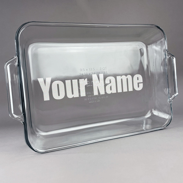 Custom Block Name Glass Baking Dish with Truefit Lid - 13in x 9in (Personalized)