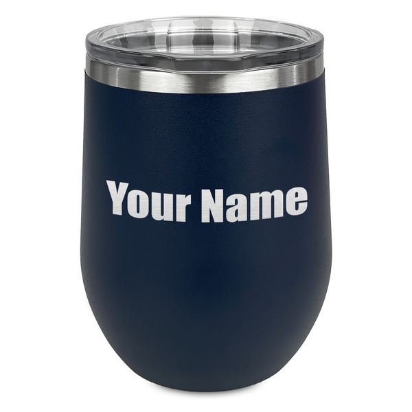 Custom Block Name Stemless Stainless Steel Wine Tumbler - Navy - Single Sided (Personalized)