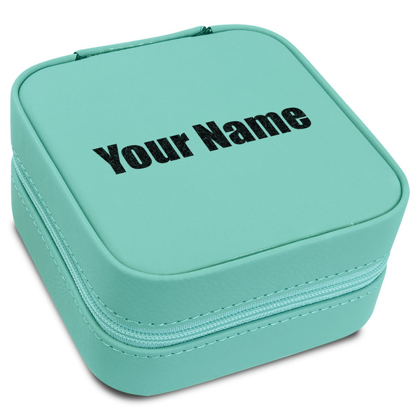 Custom Block Name Travel Jewelry Box - Teal Leather (Personalized)