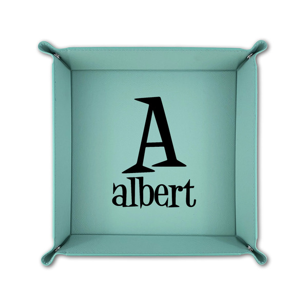 Name & Initial 6" x 6" Teal Leatherette Snap Up Tray - FOLDED UP