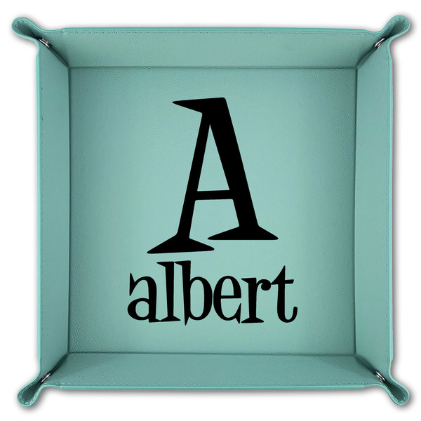 Name & Initial 9" x 9" Teal Leatherette Snap Up Tray - FOLDED