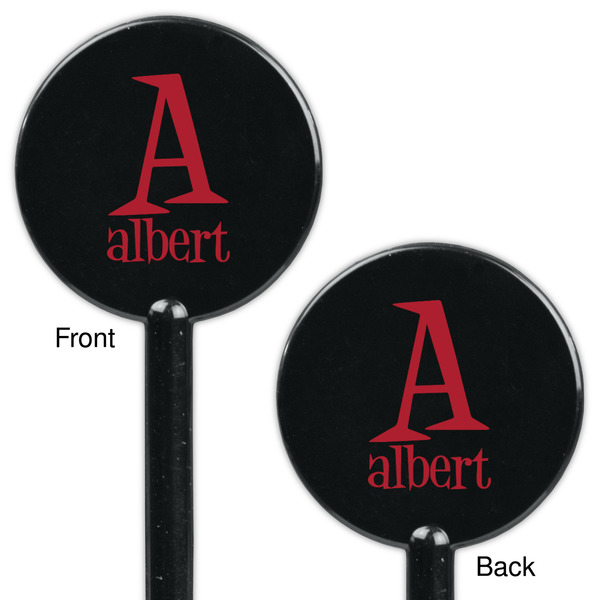 Name & Initial Black Plastic 5.5" Stir Stick - Double Sided - Round - Front & Back