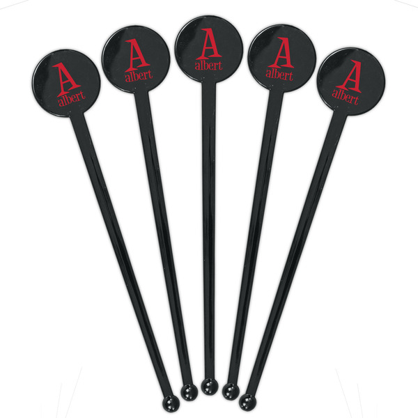 Name & Initial Black Plastic 7" Stir Stick - Round - Fan View