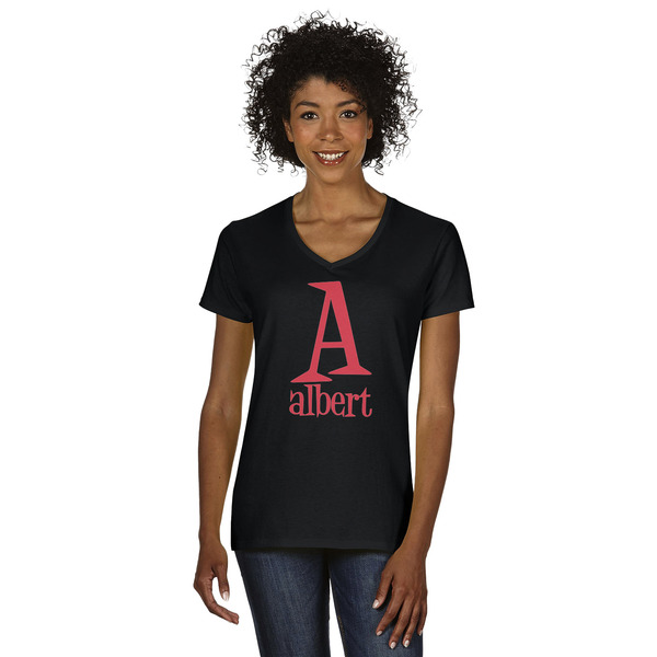 Custom Name & Initial Women's V-Neck T-Shirt - Black (Personalized)
