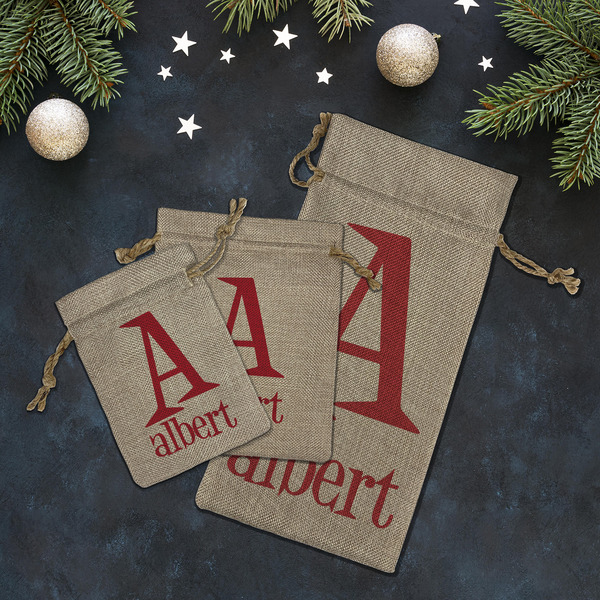 Name & Initial Burlap Gift Bags - LIFESTYLE (Flat lay)